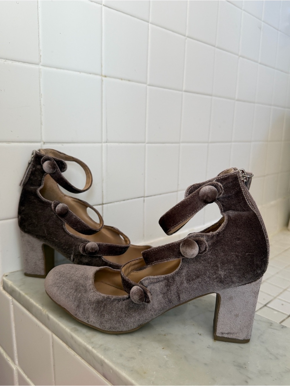 Indigo Velvet Button-Strap Block Heels in Taupe